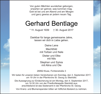 Traueranzeigen Von Gerhard Bentlage Noz Trauerportal