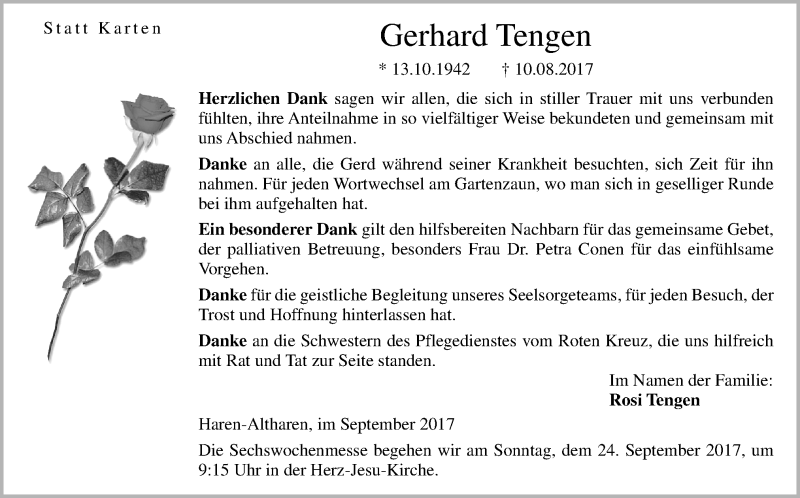  Traueranzeige für Gerhard Tengen vom 20.09.2017 aus Neue Osnabrücker Zeitung GmbH & Co. KG