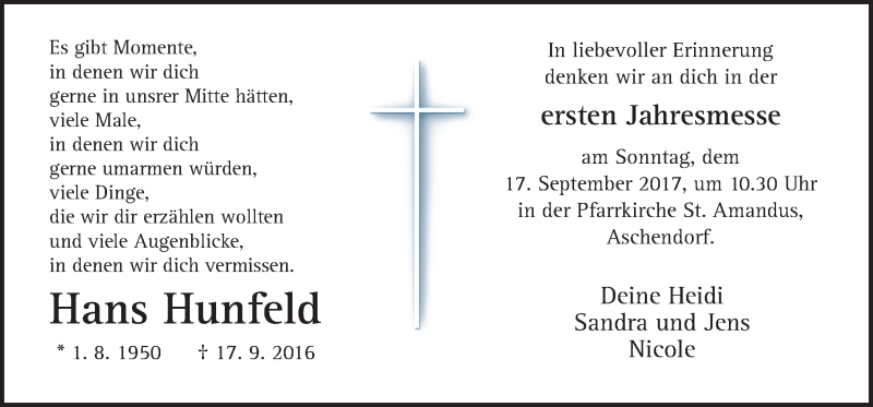  Traueranzeige für Hans Hunfeld vom 16.09.2017 aus Neue Osnabrücker Zeitung GmbH & Co. KG