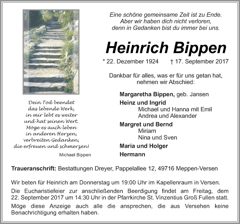  Traueranzeige für Heinrich Bippen vom 19.09.2017 aus Neue Osnabrücker Zeitung GmbH & Co. KG
