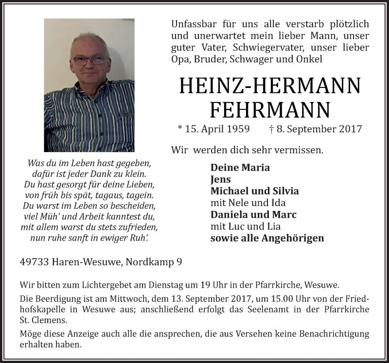  Traueranzeige für Heinz-Hermann Fehrmann vom 11.09.2017 aus Neue Osnabrücker Zeitung GmbH & Co. KG