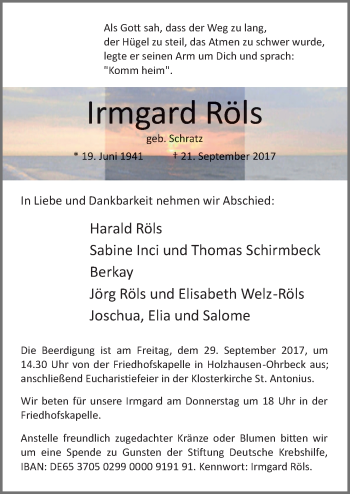 Traueranzeigen Von Irmgard R Ls Noz Trauerportal