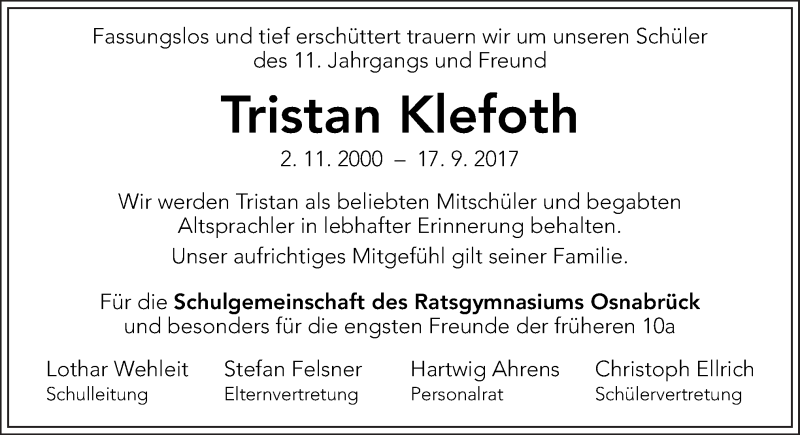  Traueranzeige für Tristan Klefoth vom 22.09.2017 aus Neue Osnabrücker Zeitung GmbH & Co. KG