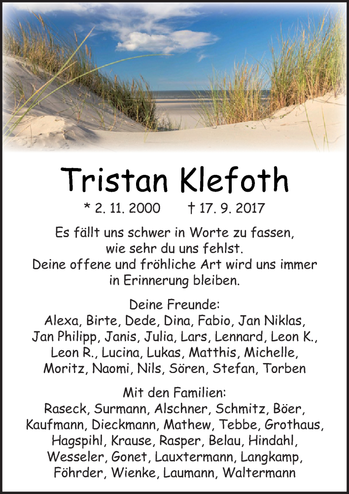  Traueranzeige für Tristan Klefoth vom 21.09.2017 aus Neue Osnabrücker Zeitung GmbH & Co. KG