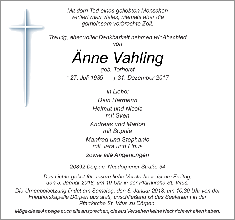 Traueranzeigen Von Anne Vahling Noz Trauerportal