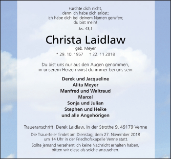 Traueranzeigen Von Christa Laidlaw Noz Trauerportal