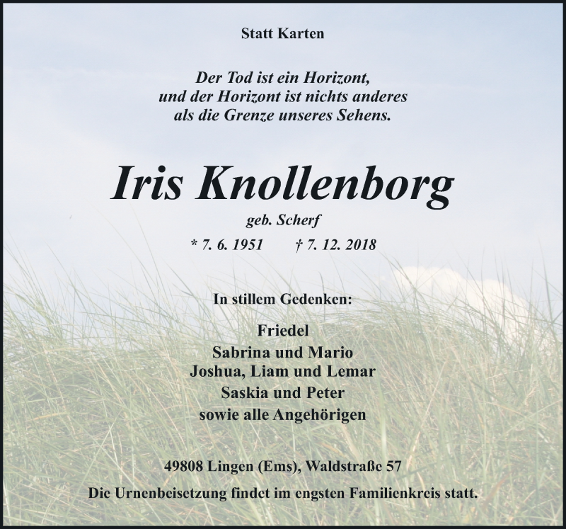 Traueranzeigen Von Iris Knollenborg Noz Trauerportal