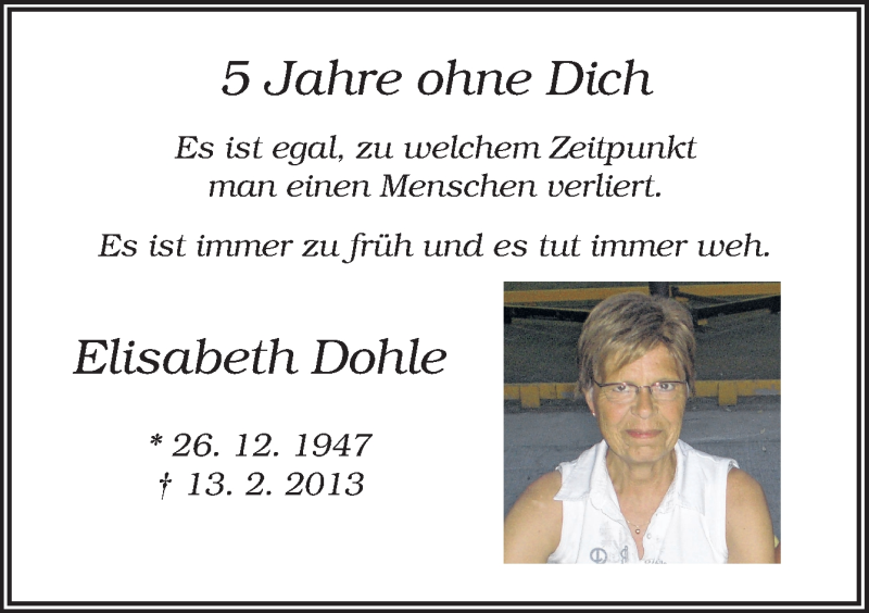  Traueranzeige für Elisabeth Dohle vom 10.02.2018 aus Neue Osnabrücker Zeitung GmbH & Co. KG