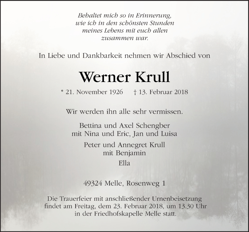 Traueranzeigen Von Werner Krull Noz Trauerportal