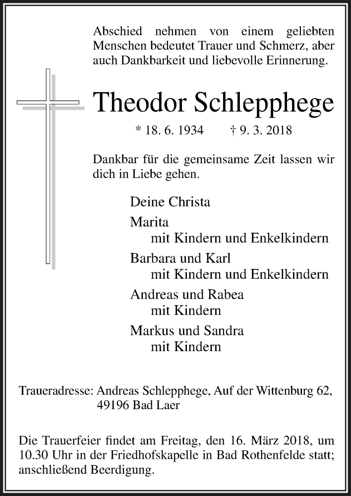 Traueranzeigen Von Theodor Schlepphege Noz Trauerportal