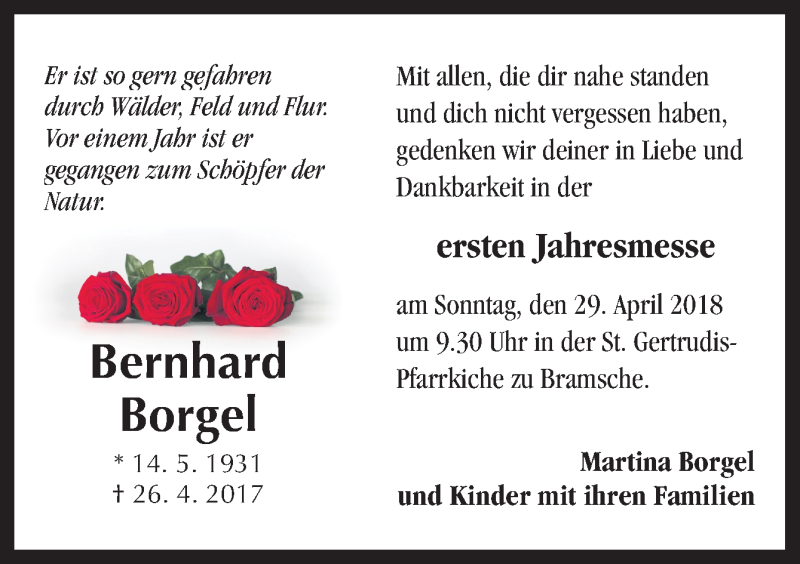  Traueranzeige für Bernhard Borgel vom 24.04.2018 aus Neue Osnabrücker Zeitung GmbH & Co. KG