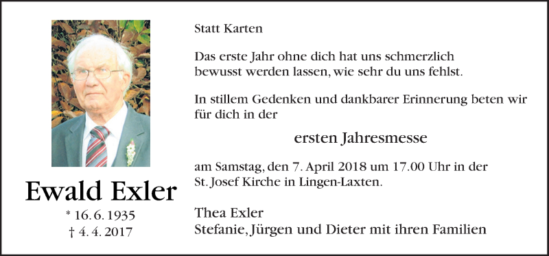  Traueranzeige für Ewald Exler vom 04.04.2018 aus Neue Osnabrücker Zeitung GmbH & Co. KG