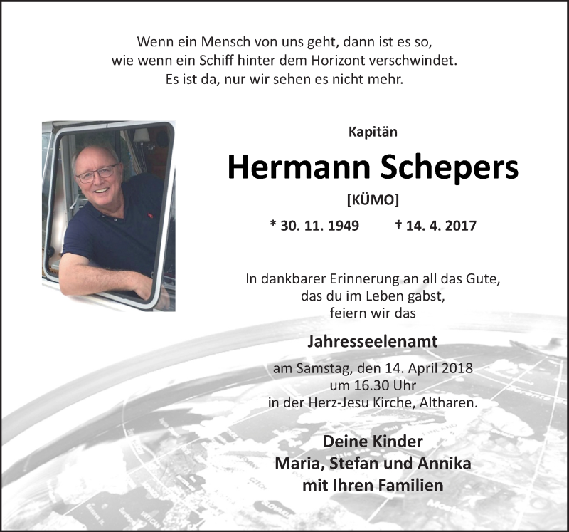  Traueranzeige für Hermann Schepers vom 11.04.2018 aus Neue Osnabrücker Zeitung GmbH & Co. KG