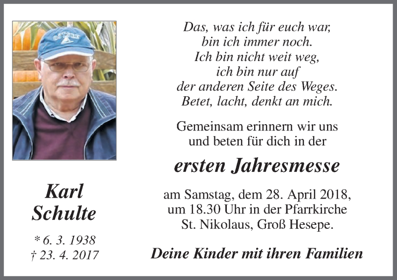  Traueranzeige für Karl Schulte vom 23.04.2018 aus Neue Osnabrücker Zeitung GmbH & Co. KG