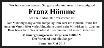 Traueranzeige von Franz Hömme von Neue Osnabrücker Zeitung GmbH & Co. KG