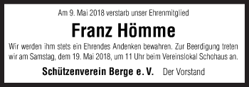 Traueranzeige von Franz Hömme von Neue Osnabrücker Zeitung GmbH & Co. KG