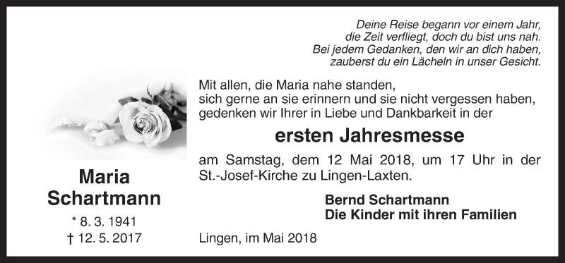  Traueranzeige für Maria Schartmann vom 09.05.2018 aus Neue Osnabrücker Zeitung GmbH & Co. KG