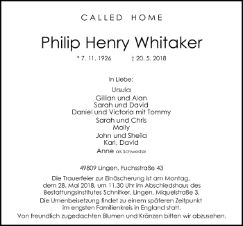 Traueranzeige von Philip Henry Whitaker von Neue Osnabrücker Zeitung GmbH & Co. KG