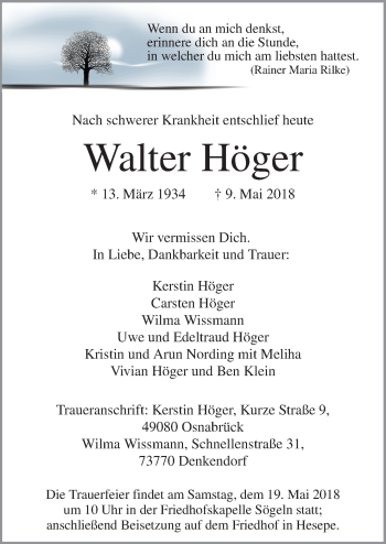 Traueranzeige von Walter Höger von Neue Osnabrücker Zeitung GmbH & Co. KG
