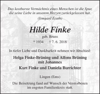 Traueranzeigen Von Hilde Finke Noz Trauerportal