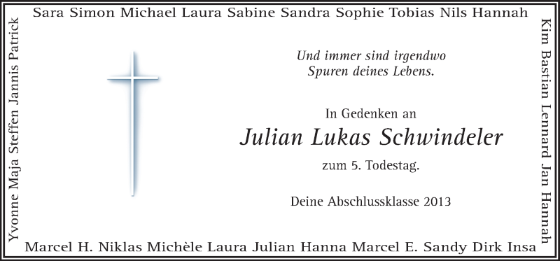  Traueranzeige für Julian Lukas Schwindeler vom 07.06.2018 aus Neue Osnabrücker Zeitung GmbH & Co. KG
