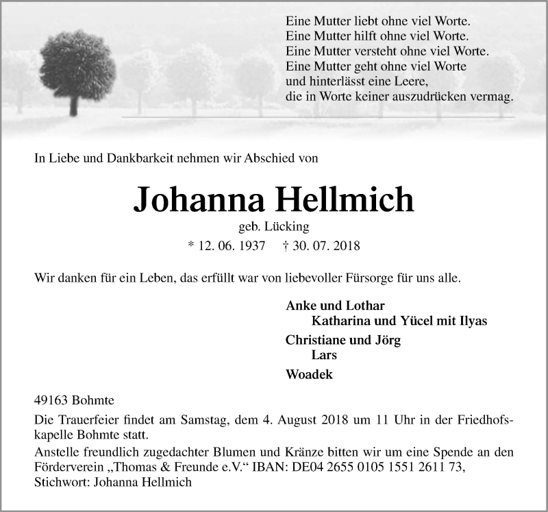 Traueranzeigen Von Johanna Hellmich Noz Trauerportal