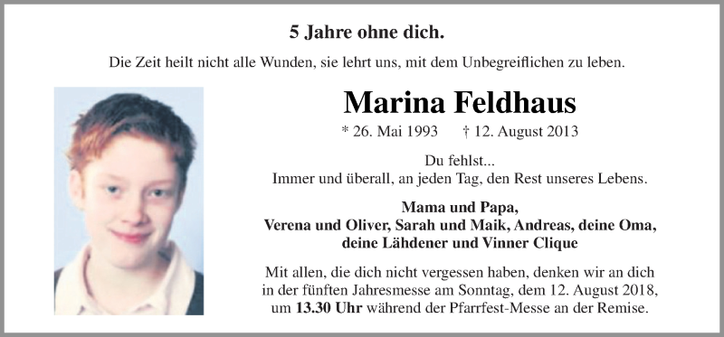 Traueranzeige für Marina Feldhaus vom 08.08.2018 aus Neue Osnabrücker Zeitung GmbH & Co. KG