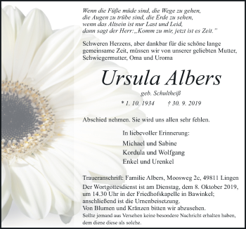 Traueranzeigen Von Ursula Albers Noz Trauerportal