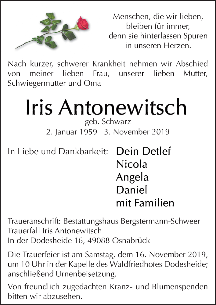 Traueranzeigen Von Iris Antonewitsch Noz Trauerportal