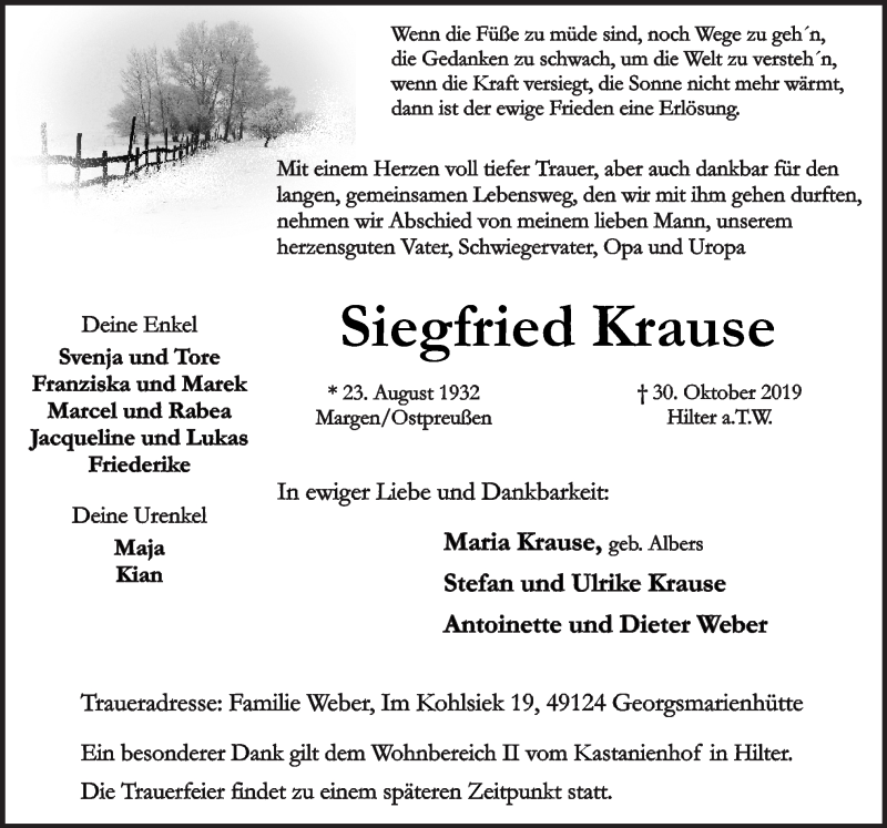 Traueranzeigen Von Siegfried Krause Noz Trauerportal