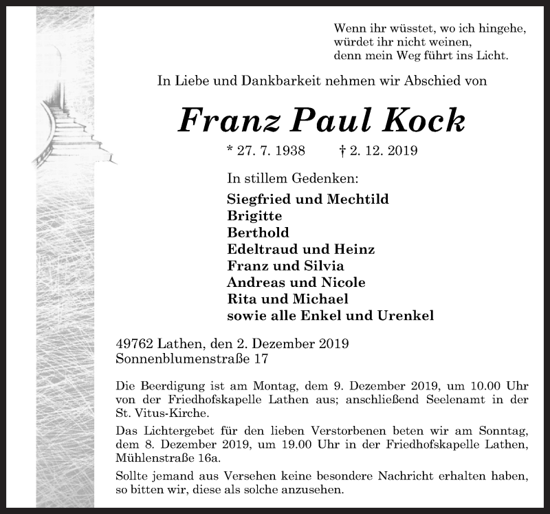 Traueranzeigen Von Franz Paul Kock Noz Trauerportal