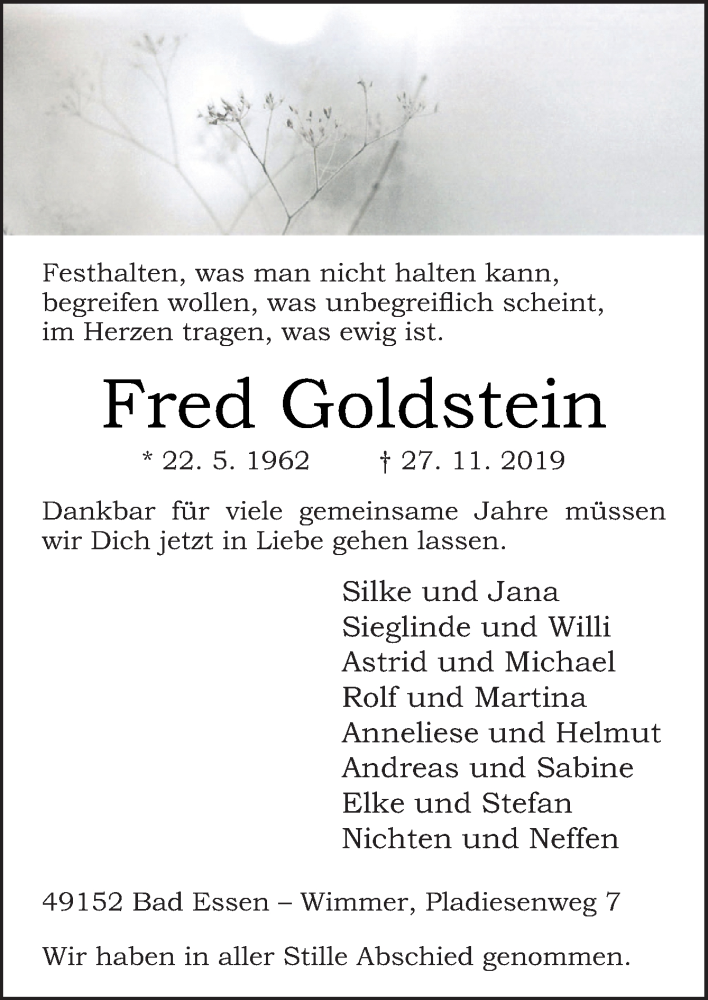 Traueranzeigen Von Fred Goldstein Noz Trauerportal