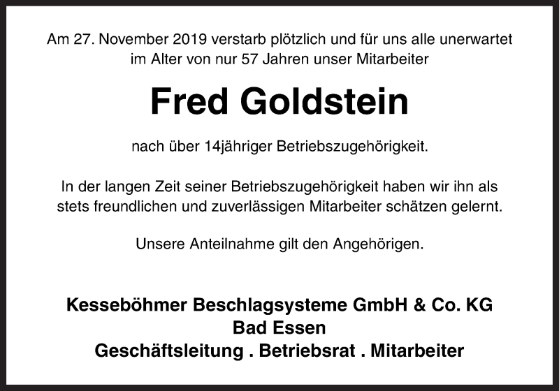 Traueranzeigen Von Fred Goldstein Noz Trauerportal