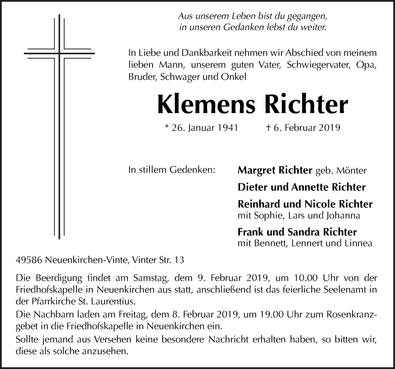 Traueranzeigen Von Klemens Richter Noz Trauerportal