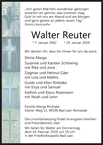 Traueranzeigen Von Walter Reuter Noz Trauerportal