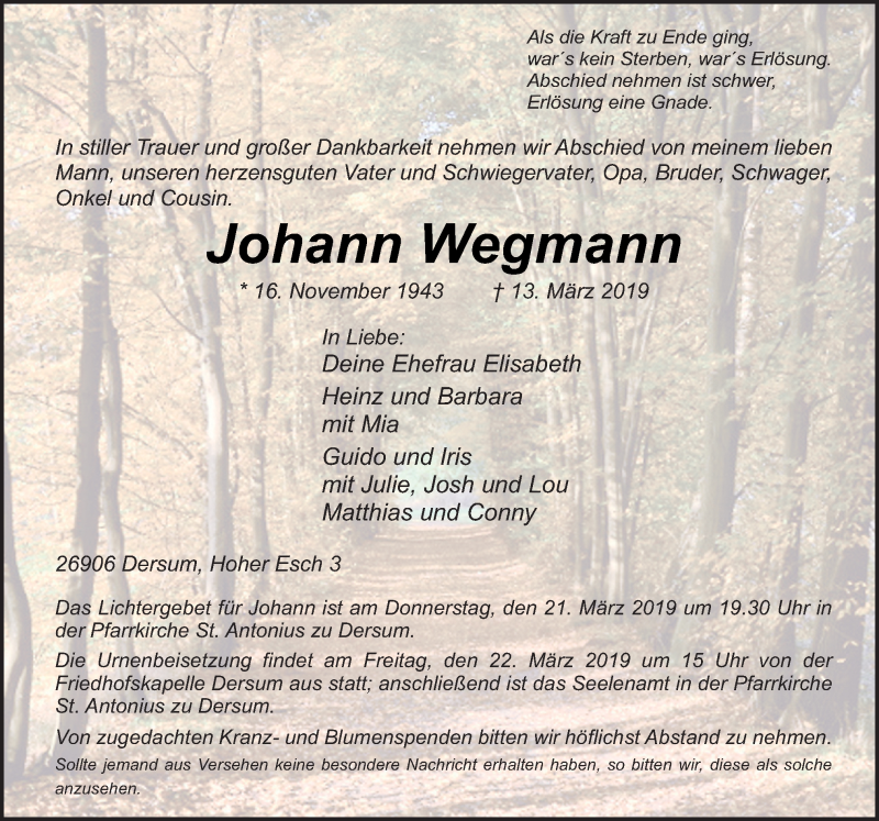 Traueranzeigen Von Johann Wegmann Noz Trauerportal