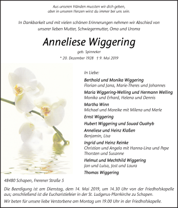 Traueranzeige von Anneliese Wiggering von Neue Osnabrücker Zeitung GmbH & Co. KG