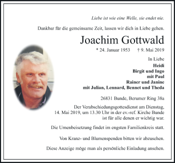 Traueranzeige von Joachim Gottwald von Neue Osnabrücker Zeitung GmbH & Co. KG
