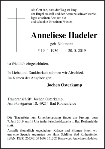 Traueranzeige von Anneliese Hadeler von Neue Osnabrücker Zeitung GmbH & Co. KG