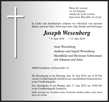 Traueranzeigen Von Joseph Wesenberg Noz Trauerportal