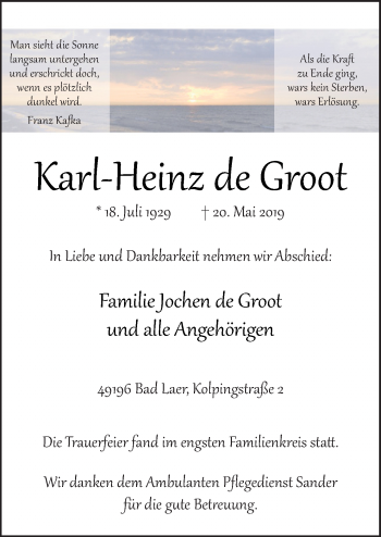 Traueranzeige von Kart-Heinz de Groot von Neue Osnabrücker Zeitung GmbH & Co. KG