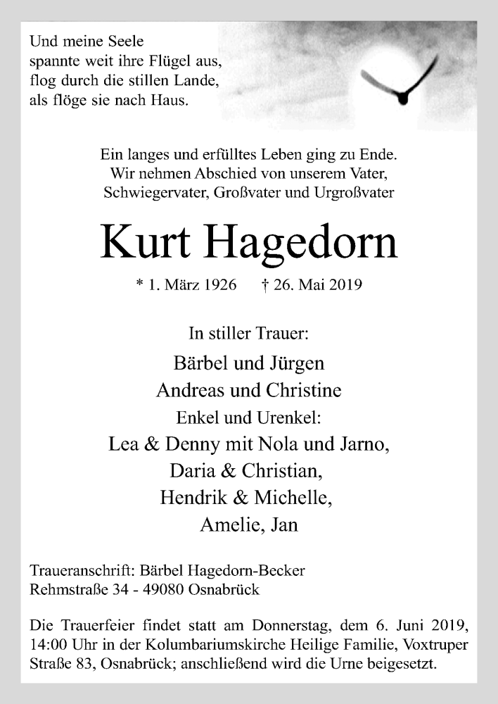 Traueranzeigen Von Kurt Hagedorn Noz Trauerportal