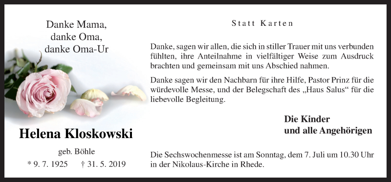 Traueranzeigen Von Helena Kloskowski Noz Trauerportal