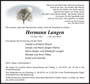 Traueranzeigen Von Hermann Langen Noz Trauerportal