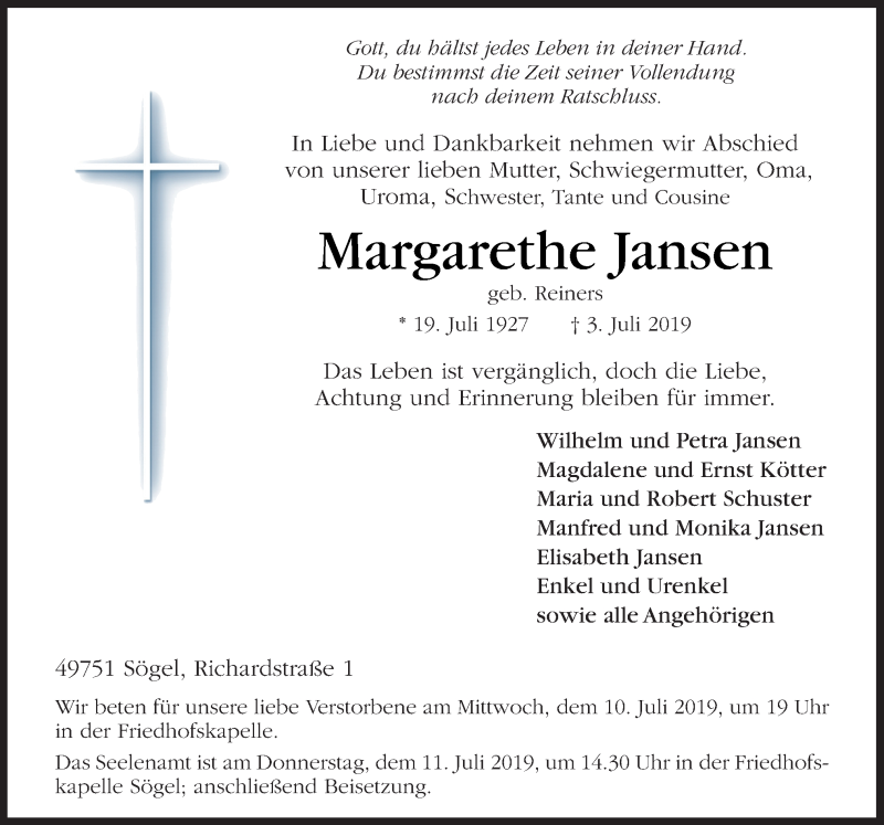 Traueranzeigen Von Margarethe Jansen Noz Trauerportal