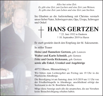 Traueranzeigen Von Hans Gertzen Noz Trauerportal