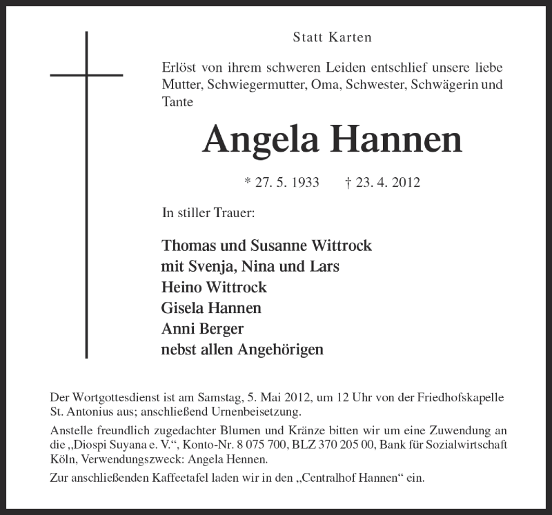  Traueranzeige für Angela Hannen vom 26.04.2012 aus Neue Osnabrücker Zeitung GmbH & Co. KG