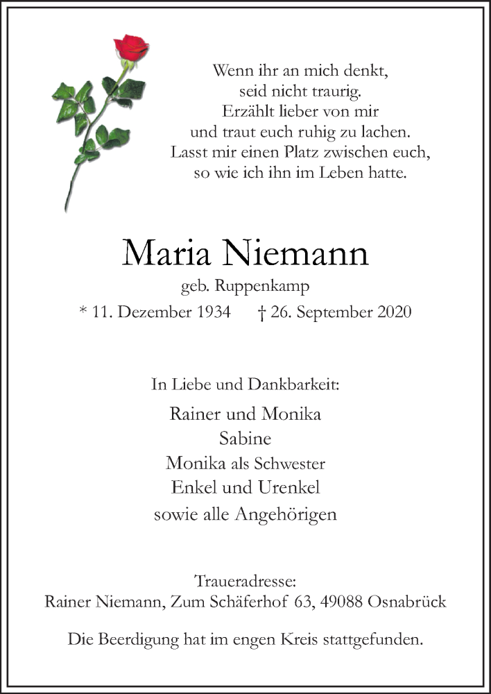 Traueranzeigen Von Maria Niemann Noz Trauerportal