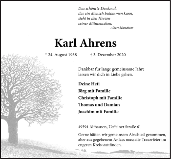 Traueranzeigen Von Karl Ahrens Noz Trauerportal