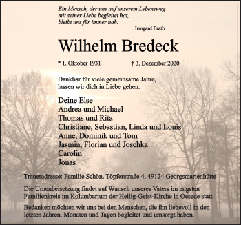 Traueranzeigen Von Wilhelm Bredeck Noz Trauerportal